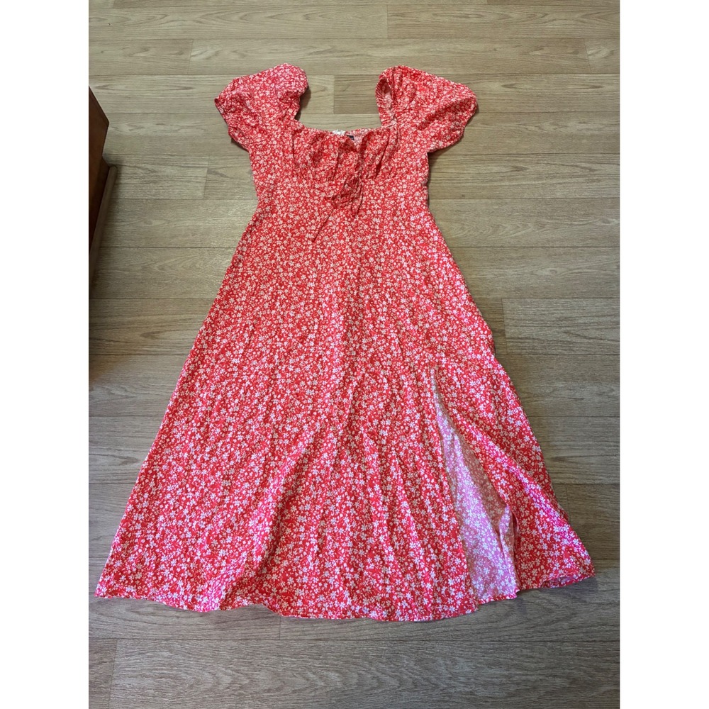 SHEIN pink Floral Milkmaid Midi Dress Puff Sleeve Side Slit Cottagecore Large